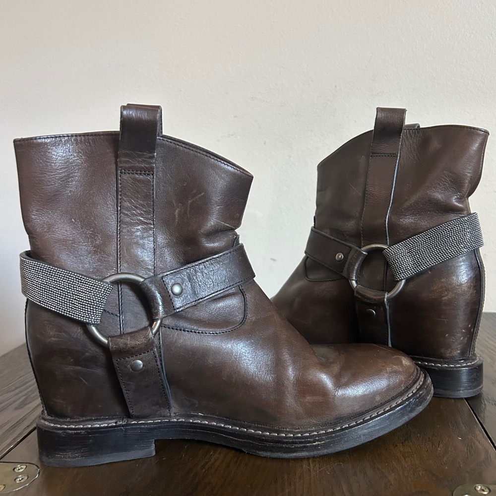 Brunello Cucinelli Brown Leather Monili Harness Ankle Boots 37 Made in Italy